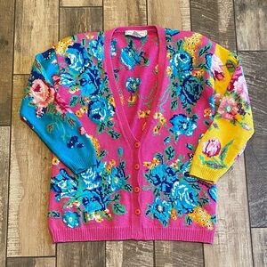 Adrienne Vittadini Floral Knit Vintage Cardigan - Pink, Blue, and Yellow